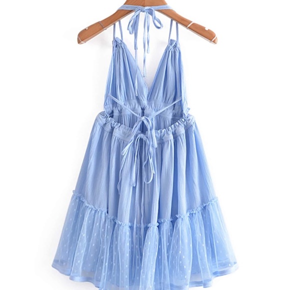 Bohemian Baby Blue Backless V Halter Swiss Dot Mini Layered Dress - Picture 8 of 11